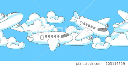 Pattern with airplanes and clouds. Travel illustration and tourism background. 103116319