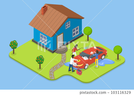 3D Isometric Flat Vector Conceptual Illustration of Family Cleaning Automobile 103116329