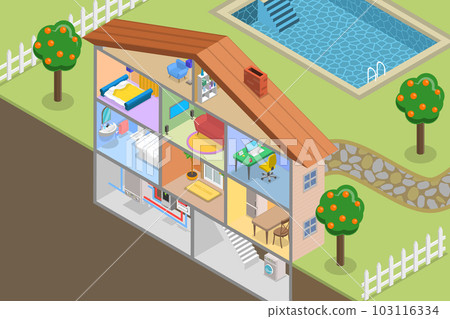 3D Isometric Flat Vector Conceptual Illustration of Contemporary Energy Efficient House 103116334