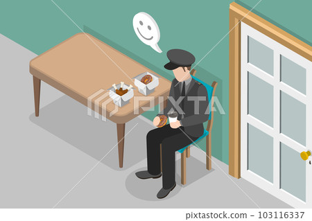 3D Isometric Flat Vector Conceptual Illustration of Security Guard Having Lunch 103116337