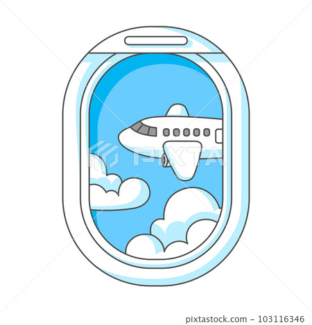 Airplane window with clouds. Travel illustration and tourism item. Airplane window with clouds. Travel illustration and tourism item. 103116346