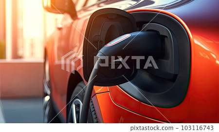 EV Car or Electric car at charging station with the power cable supply plugged in on blurred nature with soft light background. Eco-friendly alternative energy concept EV Car or Electric car at charging station with the power cable supply plugged in on blurred nature with soft light background. Eco-friendly alternative energy concept 103116743