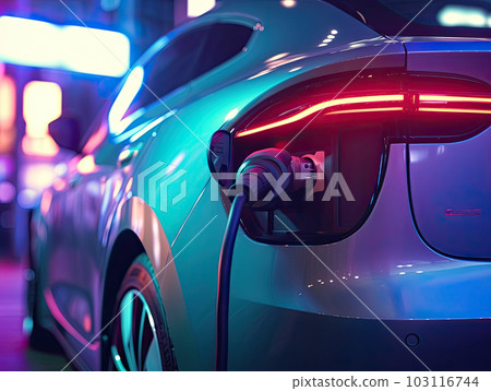 EV Car or Electric car at charging station with the power cable supply plugged in on blurred nature with soft light background. Eco-friendly alternative energy concept EV Car or Electric car at charging station with the power cable supply plugged in on blurred nature with soft light background. Eco-friendly alternative energy concept 103116744