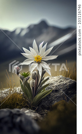 Isolated rare and protected wild flower edelweiss flower (Leontopodium alpinum) growing in natural environment high up in the mountains 103116746