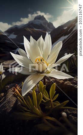 Isolated rare and protected wild flower edelweiss flower (Leontopodium alpinum) growing in natural environment high up in the mountains 103116747