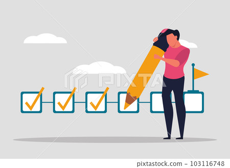 Track project goals, track company goals. Development and progress of the project, a man holds a pencil and marks the completed tasks. Vector illustration 103116748