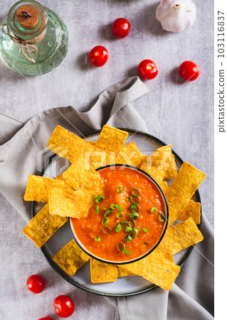Bowl with mexican tomato salsa and corn chips on the table top and vertical view Bowl with mexican tomato salsa and corn chips on the table top and vertical view 103116837