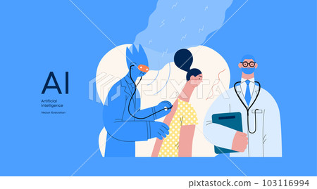 Artificial intelligence, Medicine -modern flat vector concept illustration of AI auscultating patient with stethoscope. Human doctor nearby. Metaphor of AI advantage, superiority and dominance concept 103116994