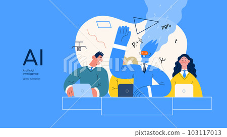 Artificial intelligence illustration. Studies -modern flat vector concept illustration of a group of students in the class. AI metaphor, advantage, superiority and dominance concept Artificial intelligence illustration. Studies -modern flat vector concept illustration of a group of students in the class. AI metaphor, advantage, superiority and dominance concept 103117013