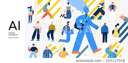 Artificial intelligence, AI and humanity -modern flat vector concept illustration of AI character walking among people in everyday life. Metaphor of AI advantage, benefit, friendliness concept 103117016