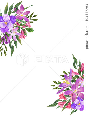 Watercolor celebration rectangle frame with crocus, hyacinth, leaves isolated on white background. Illustration of spring flowers for Valentine day, wedding invitation, birthday and mother day cards Watercolor celebration rectangle frame with crocus, hyacinth, leaves isolated on white background. Illustration of spring flowers for Valentine day, wedding invitation, birthday and mother day cards 103117263