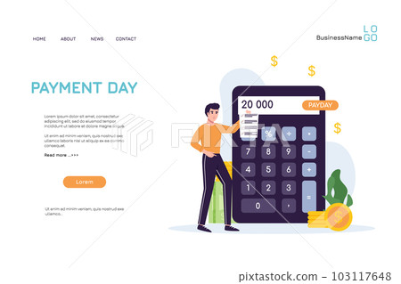 Men getting money for payday illustration concept on landing page design. Workers with earnings. Vector set of persons pay debts Men getting money for payday illustration concept on landing page design. Workers with earnings. Vector set of persons pay debts 103117648