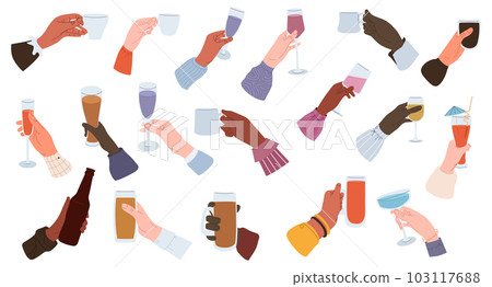 Drinks in hands set. People holding glass of wine or sparkling champagne, pint beer and bar cocktail. Beverages in glass, cup, bottle, wineglass 103117688