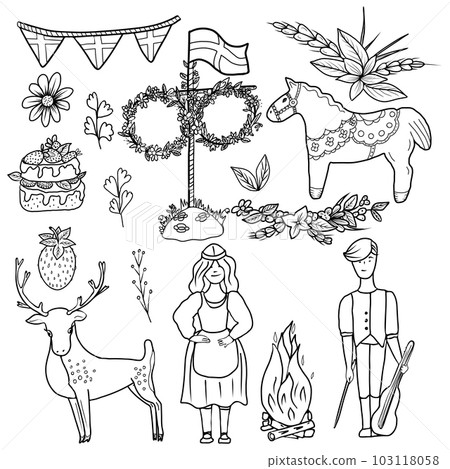 Happy Midsummer vector set. Cartoon swedish traditional dressed characters, horse, deer, wooden may pole, floral garland, cake, sweden flag. Template for Sweden longest summer day holiday banner. Happy Midsummer vector set. Cartoon swedish traditional dressed characters, horse, deer, wooden may pole, floral garland, cake, sweden flag. Template for Sweden longest summer day holiday banner. 103118058