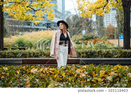 Fashion portrait of stylish young woman in hat walking in the autumn city. Happy gen z woman walking in the city with yellow autumn foliage Fashion portrait of stylish young woman in hat walking in the autumn city. Happy gen z woman walking in the city with yellow autumn foliage 103118403