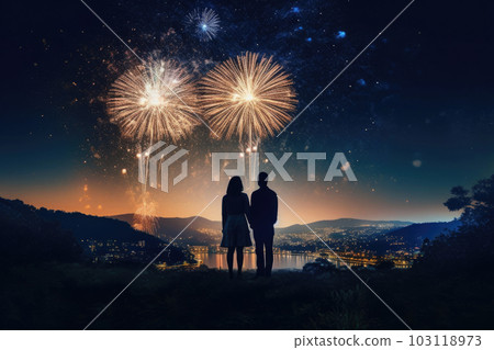 People silhouettes looking at colorful firework at night sky. Generative AI 103118973