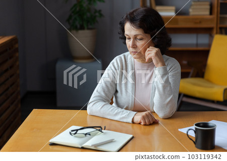 Sad tired ill sick lonely disappointed older senior woman sitting at home alone. Unhappy mature grandmother experiencing grief relative death bad news. Stressed elder lady suffering from loneliness 103119342