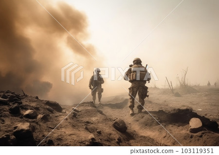 Army soldiers at war in desert. Generative AI 103119351
