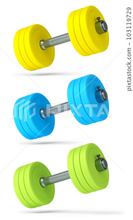 Set of dumbbells with rubber disks isolated on white background Set of dumbbells with rubber disks isolated on white background 103119729
