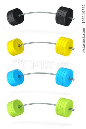 Set of metal barbell with rubber disks shaped handle isolated on white Set of metal barbell with rubber disks shaped handle isolated on white 103119732