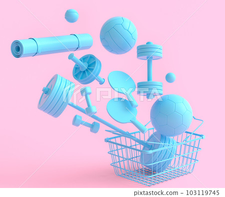Sport equipment for fitness, gym in shopping basket on monochrome 103119745