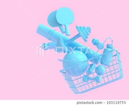 Sport equipment for fitness, gym in shopping basket on monochrome 103119755