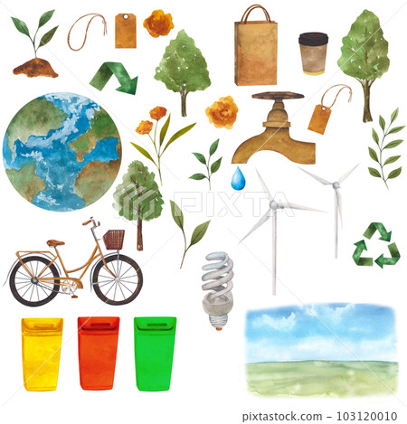 Set of watercolor illustrations of environmental problem, green energy saving. Hand drawn realistic decoration. Planet, plant, eco object. Watercolor objects isolated on white background Set of watercolor illustrations of environmental problem, green energy saving. Hand drawn realistic decoration. Planet, plant, eco object. Watercolor objects isolated on white background 103120010