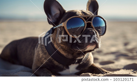 Portrait of a French bulldog with sunglasses on the sea and the beach background, Generated AI 103120171