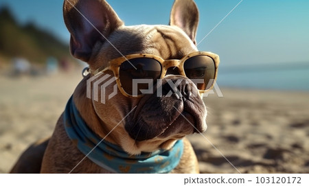 Portrait of a French bulldog with sunglasses on the sea and the beach background, Generated AI 103120172