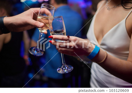 Clinking glasses with alcohol and toasting, party. 103120609