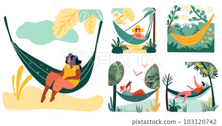 People reclining in shoreline hammocks, basking in the joy of summertime escapes and open-air events. Relishing leisure moments or staying productive in comfortable hanging swings. Vector People reclining in shoreline hammocks, basking in the joy of summertime escapes and open-air events. Relishing leisure moments or staying productive in comfortable hanging swings. Vector 103120742