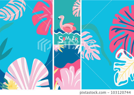 The essence of summertime enjoyment. Background with a seaside landscape, colorful palm leaves, pink flamingo. A of summer themed posters. Vector 103120744
