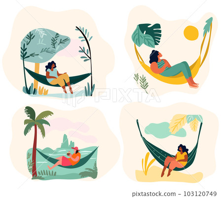 Ladies unwinding by the seaside. Females lounging in beachside hammocks, delighting in the warmth of the outdoor sun. A depiction of a holiday atmosphere. Vector illustration. Ladies unwinding by the seaside. Females lounging in beachside hammocks, delighting in the warmth of the outdoor sun. A depiction of a holiday atmosphere. Vector illustration. 103120749