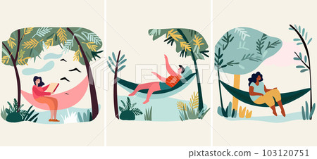 People unwinding by the seaside. People lounging in beachside hammocks, delighting in the warmth of the outdoor sun. A depiction of a holiday atmosphere. Vector illustration People unwinding by the seaside. People lounging in beachside hammocks, delighting in the warmth of the outdoor sun. A depiction of a holiday atmosphere. Vector illustration 103120751