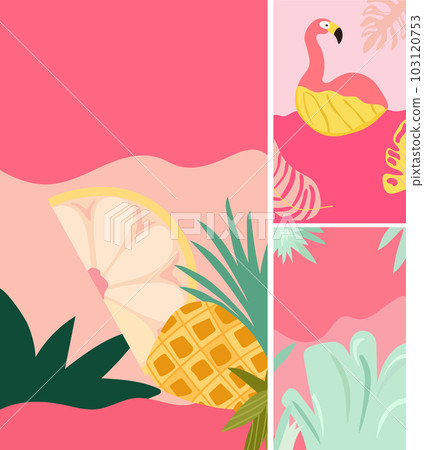 The essence of summertime enjoyment. Background with a seaside landscape, colorful palm leaves, pink flamingo. A of summer themed posters. Vector The essence of summertime enjoyment. Background with a seaside landscape, colorful palm leaves, pink flamingo. A of summer themed posters. Vector 103120753
