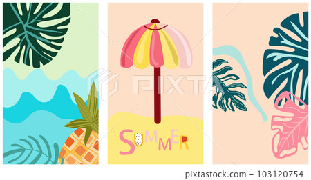 The spirit of summer delights encapsulated. Imagery featuring a coastal panorama, vibrant palm fronds, and a beach umbrella. Posters are ideal for banners, posters, postcards, template. Vector The spirit of summer delights encapsulated. Imagery featuring a coastal panorama, vibrant palm fronds, and a beach umbrella. Posters are ideal for banners, posters, postcards, template. Vector 103120754