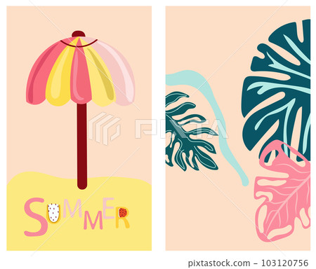 The spirit of summer delights encapsulated. Imagery featuring a coastal panorama, vibrant palm fronds, and a beach umbrella. Posters are ideal for banners, posters, postcards, template. Vector 103120756