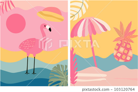 An imaginative backdrop featuring a picturesque seaside landscape, a vibrant sun, flamboyant foliage, and the playful presence of a flamingo. A collection of summer-themed posters. Vector 103120764