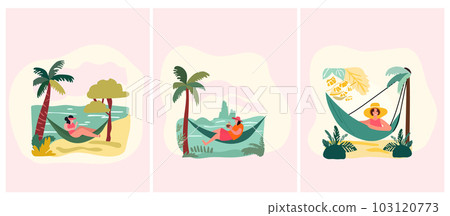 Women relaxing at the beach. Woman reclining in coastal hammocks, savoring sunny alfresco. Vacation mood concept. Vector illustration Women relaxing at the beach. Woman reclining in coastal hammocks, savoring sunny alfresco. Vacation mood concept. Vector illustration 103120773