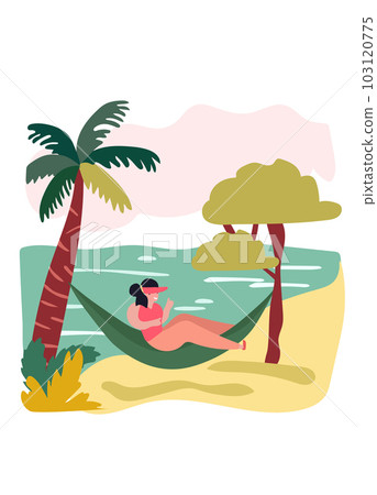 Women relaxing at the beach. Woman reclining in coastal hammocks, savoring sunny alfresco. Vacation mood concept. Vector illustration Women relaxing at the beach. Woman reclining in coastal hammocks, savoring sunny alfresco. Vacation mood concept. Vector illustration 103120775