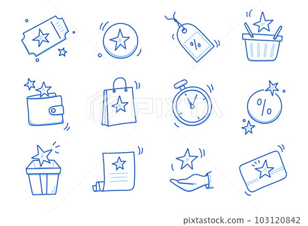 Doodle gift, discount coupon icon set. Hand drawn sketch style bonus card, loyalty program icon. Bonus point reward program offer doodle. Blue line stroke. Vector 103120842