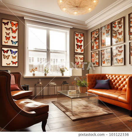 Unusual interior, a room with a collection of butterflies on the walls, an entomologist's office, decor from many beautiful butterflies, 103122336