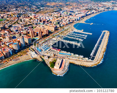 Fuengirola city beach and port aerial panoramic view 103122780