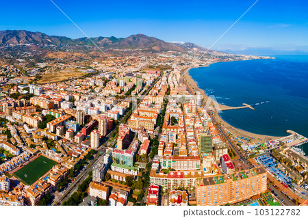 Fuengirola city beach and port aerial panoramic view 103122782