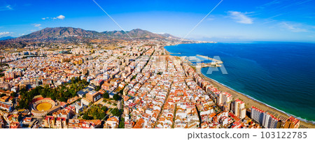 Fuengirola city beach and port aerial panoramic view 103122785