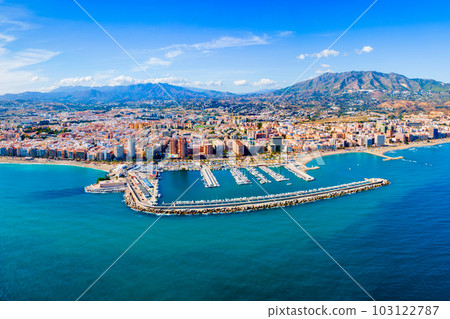 Fuengirola city beach and port aerial panoramic view 103122787