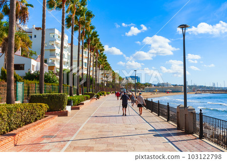 Marbella beach promenade in Andalusia, Spain 103122798