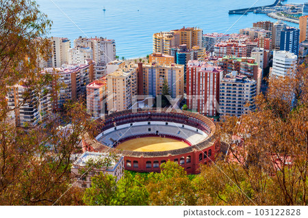 Bullring, bull ring building aerial panoramic view, Malaga Bullring, bull ring building aerial panoramic view, Malaga 103122828