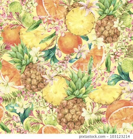 Watercolor Vintage Tropical Summer Fruit Seamless Pattern on Yellow Watercolor Vintage Tropical Summer Fruit Seamless Pattern on Yellow 103123214