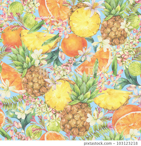 Watercolor Vintage Tropical Summer Fruit Seamless Patternon Blue Watercolor Vintage Tropical Summer Fruit Seamless Patternon Blue 103123218